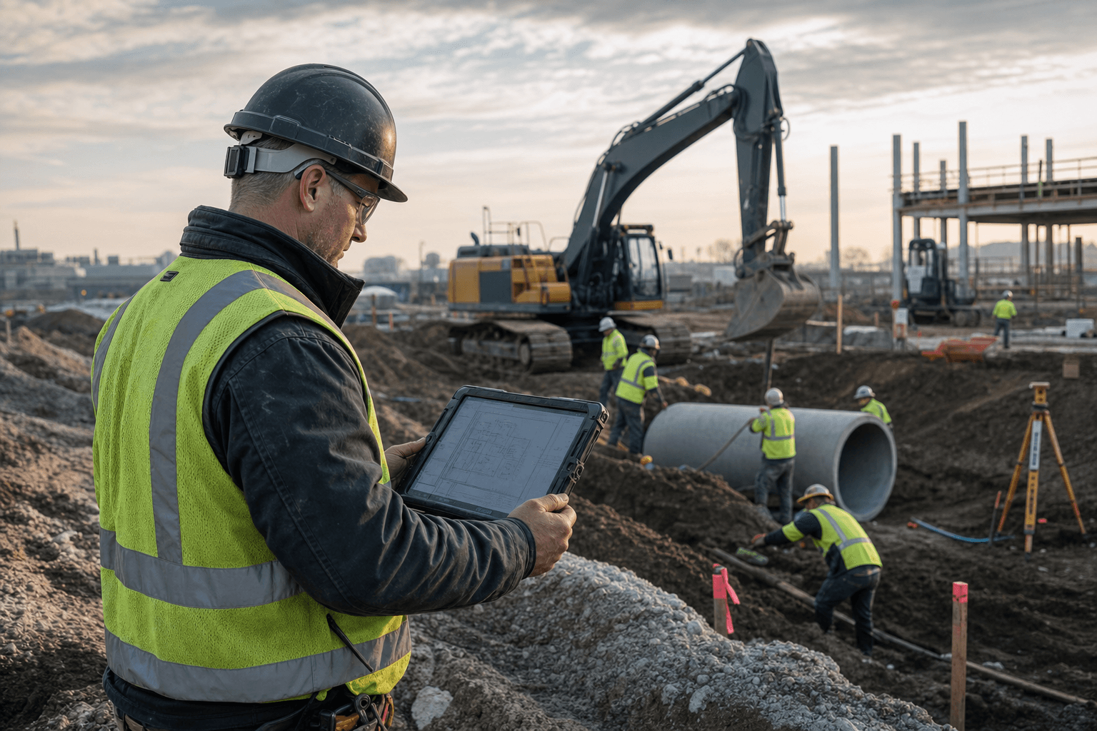Superintendent reviewing project drawings while a utility crew works on site